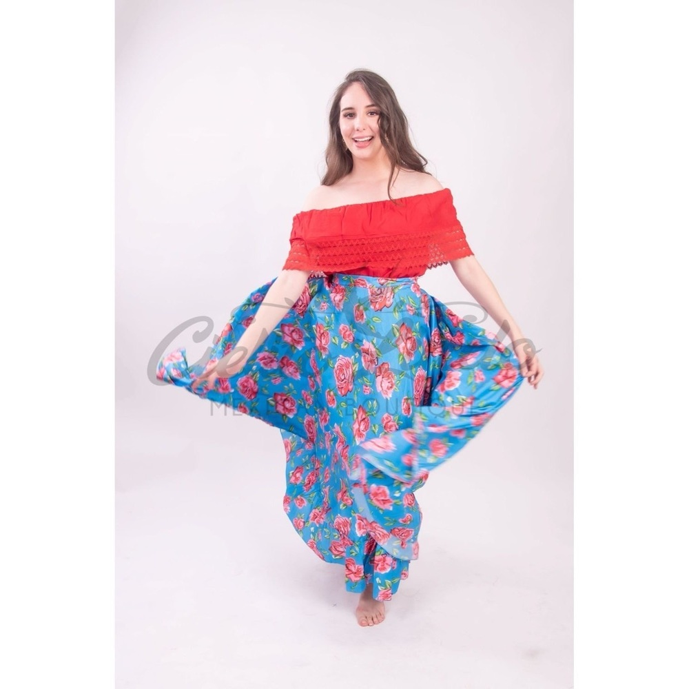 Mexican Folklorico Blue Floral Un Vuelo Skirt